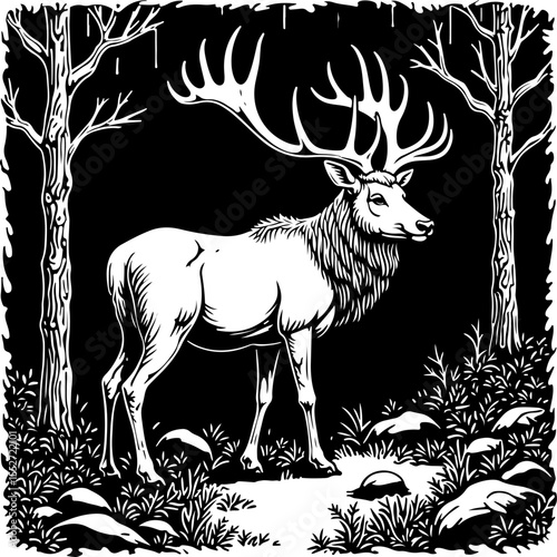 Deer Family in Forest with Floral Frame vector