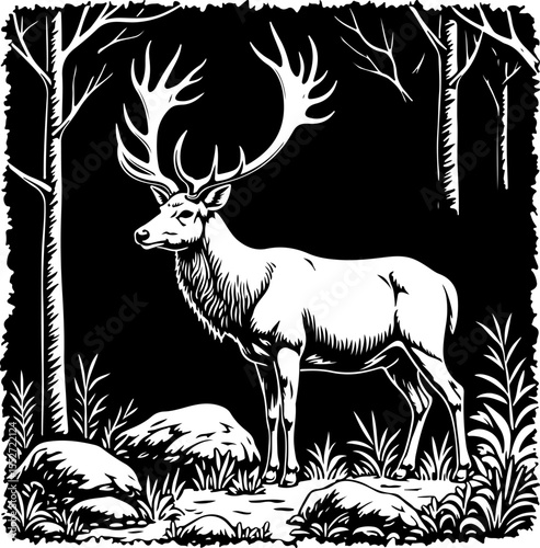 Deer Family in Forest with Floral Frame vector