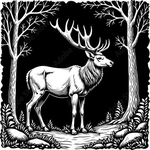 Deer Family in Forest with Floral Frame vector