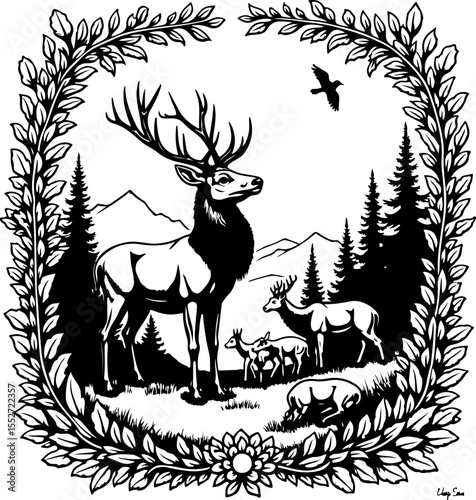 Deer Family in Forest with Floral Frame vector