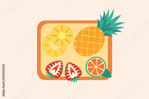 Tray with pineapple and pieces of fruit. Vector.
