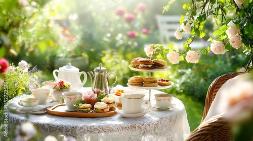 Fototapeta Naklejka Na Ścianę i Meble -  garden tea party with cakes and flowers