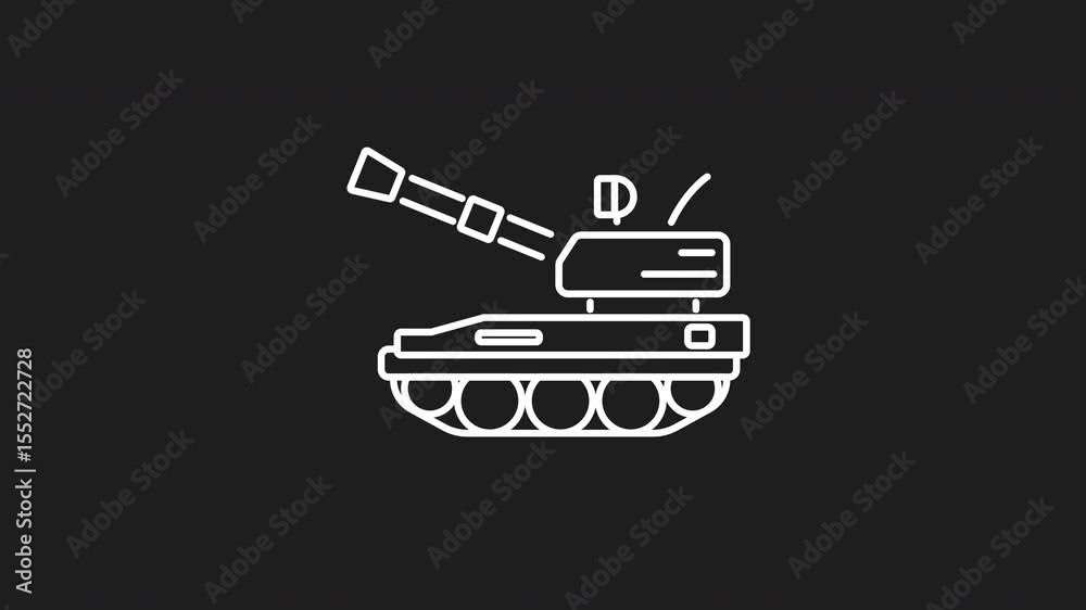 Military tank white line animation. Military tank icon self propelled howitzer firing a projectile, perfect for military themed designs, presentations. Motion graphic.