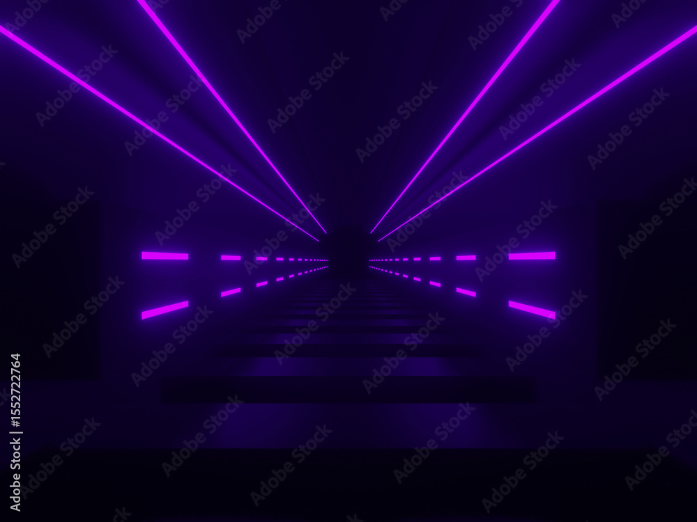 Fototapeta premium 3D purple neon tunnel. Black corridor with neon lights