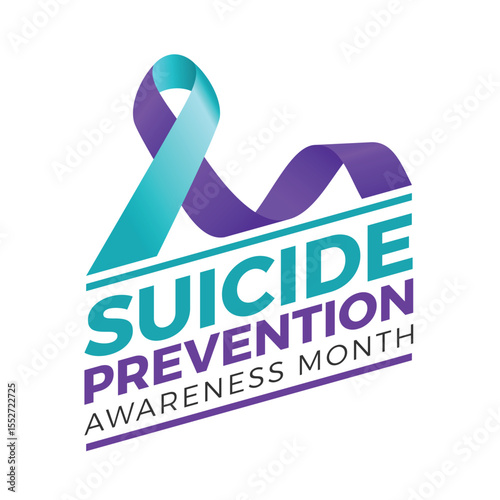 Suicide prevention awareness month - Teal and purple ribbon awarenss sign and text slant style vector design