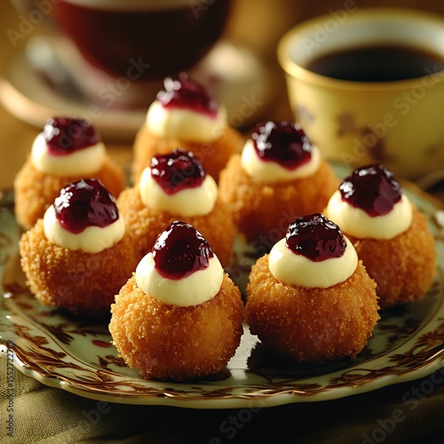 Delicious dessert balls with cream and berry topping, paired with aromatic coffee