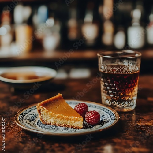 Delicious Dessert Still Life: Cheesecake, Raspberries and a Glass of Liquor