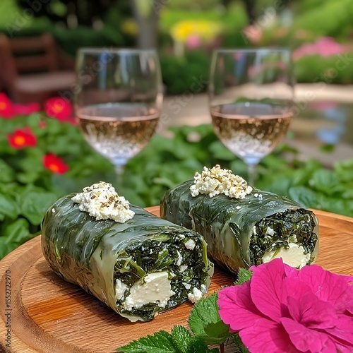 Delicious dolmades served with rose wine in a relaxing outdoor garden setting