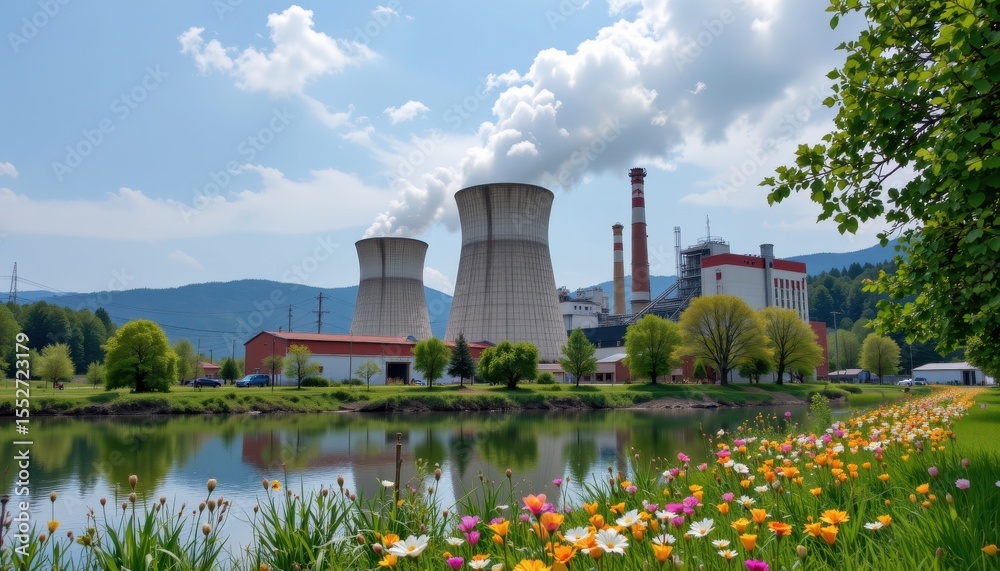 Obraz premium wastewater evaporator towers with steam, no toxins, healthy environment surrounding factory, green trees and wildflowers blooming nearby, safe air.