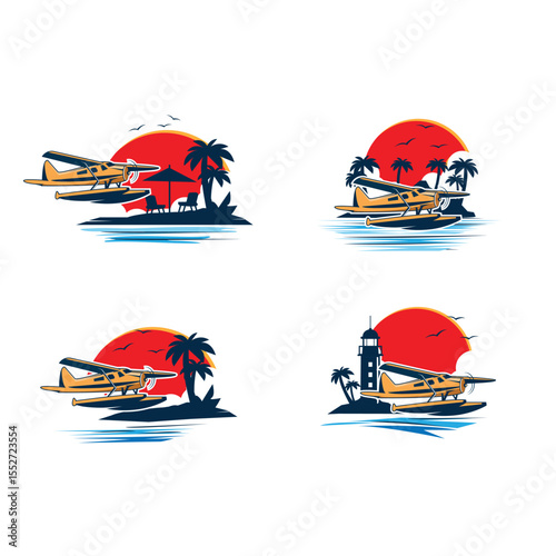 sea plane on the palm island logo set