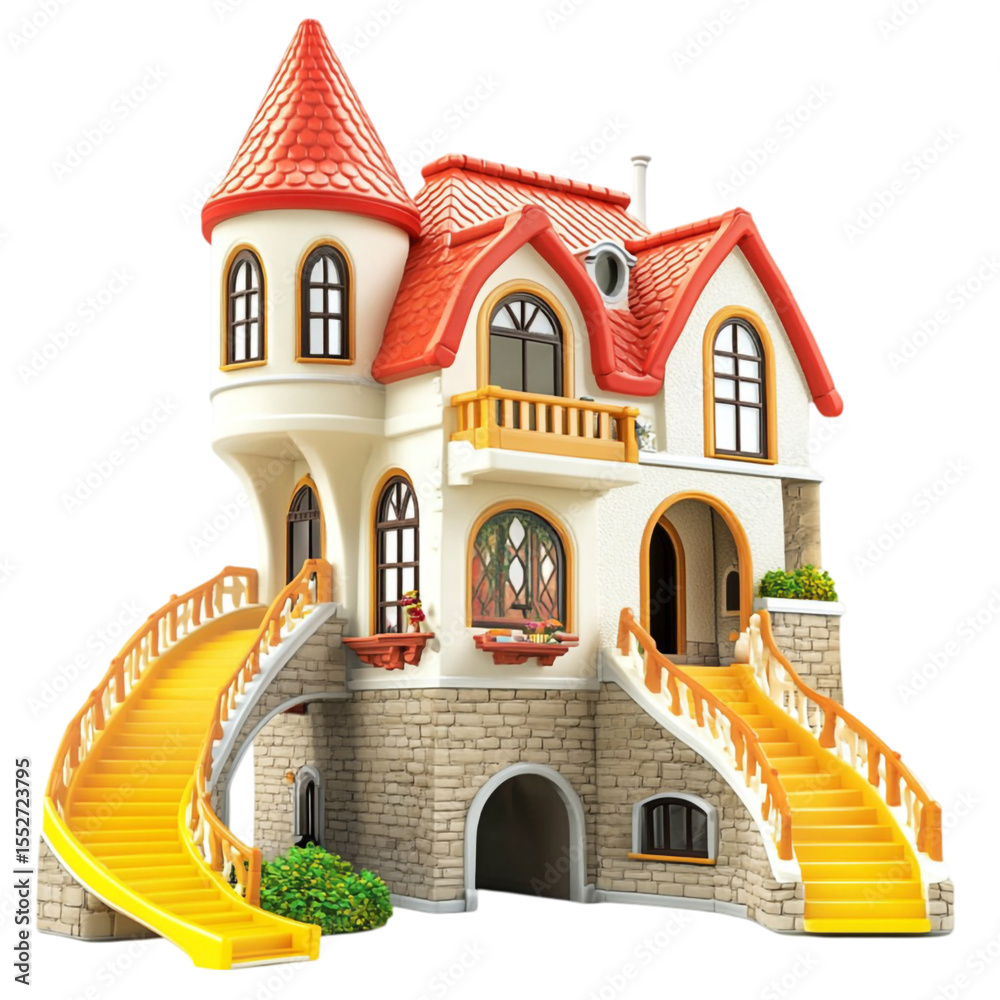 Fototapeta premium Fairytale house with yellow curved stairs and red roof charming home