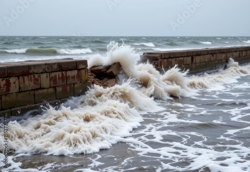 seawall breaking apart during high tide storm, chunks falling into ocean, failed human defense against nature, water flooding behind it.