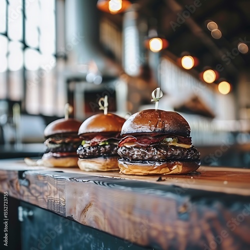 Delicious gourmet burgers on a wooden counter in a vibrant restaurant scene