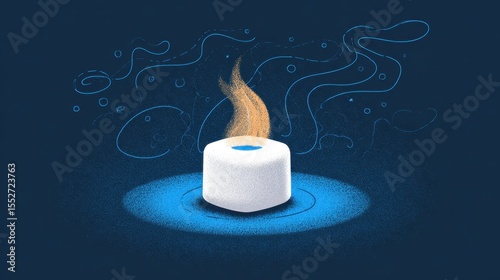 Spiritual Illumination: A glowing flame emanates from a stylized candle, symbolizing enlightenment, inner peace, and tranquility against a textured, deep-blue backdrop. 