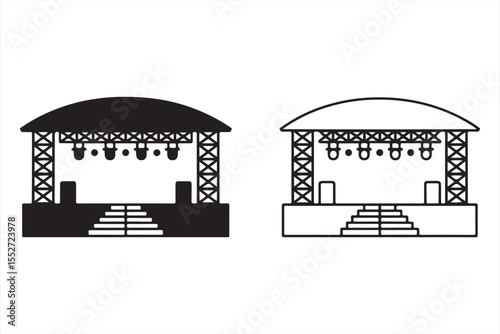 Monochrome concert stage icon with lighting and steps in outline and filled vector formats