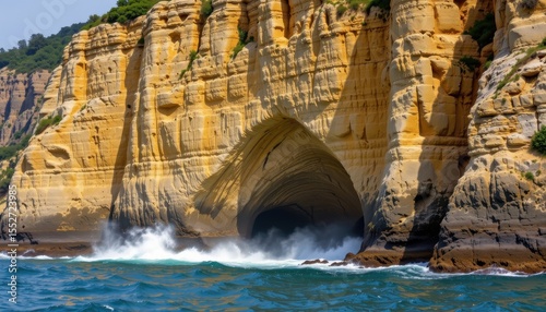 air pollution and acid rain weakening limestone cliffs, water accelerating erosion, rock layers falling into sea, unusual cause.