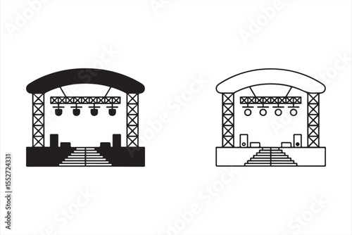 Vector concert stage design in solid and outline format with rigging and light system
