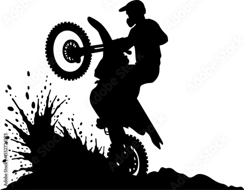 Motocross Rider Wheelie with Mud Spray Silhouette Vector