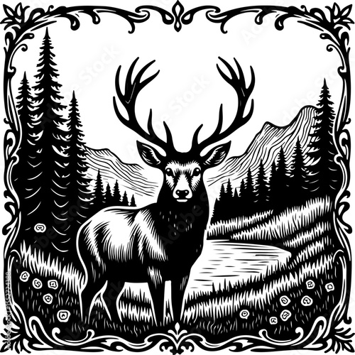 Majestic Stag in Mountain Landscape Woodcut Style vector