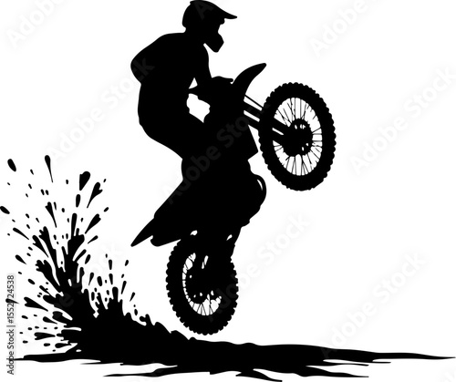 Motocross Rider Wheelie with Mud Spray Silhouette Vector