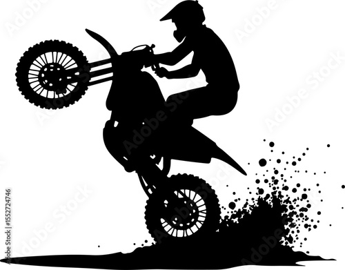 Motocross Rider Wheelie with Mud Spray Silhouette Vector