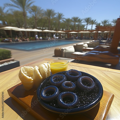 Delicious poolside breakfast with unique blue onion rings and refreshing juice view