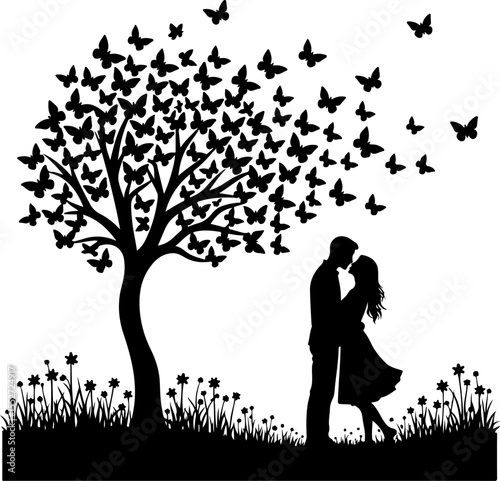 Romantic Couple Kissing Under Butterfly Tree Silhouette 