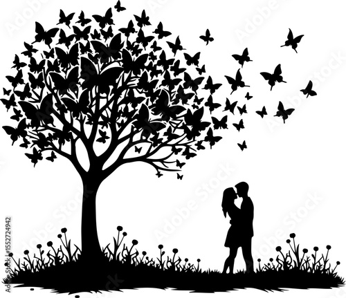 Romantic Couple Kissing Under Butterfly Tree Silhouette 