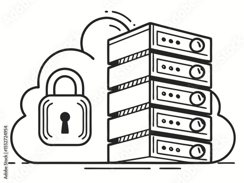 Sophisticated Outline Vector Icon Of Server Rack With Padlock D Vector Art