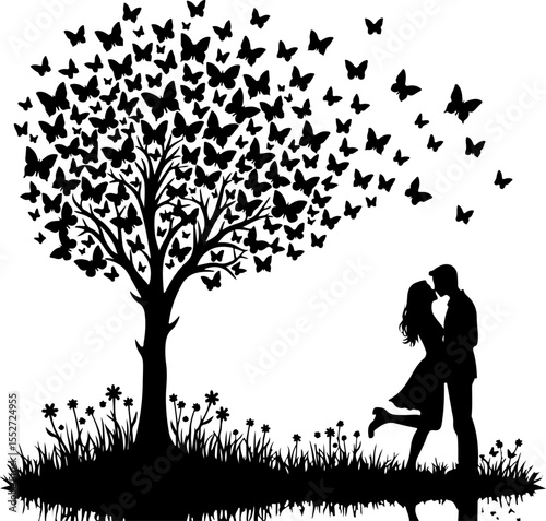 Romantic Couple Kissing Under Butterfly Tree Silhouette 