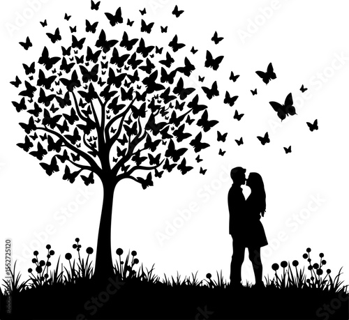 Romantic Couple Kissing Under Butterfly Tree Silhouette 