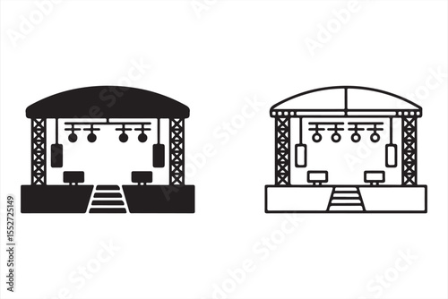 Event stage icon in black fill and outline style with lighting and audio setup for vector design
