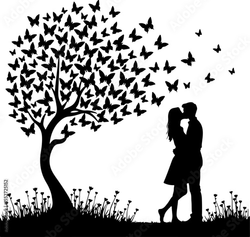 Romantic Couple Kissing Under Butterfly Tree Silhouette 