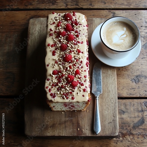 Delicious Raspberry Loaf Cake with Coffee on Rustic Wooden Surface View