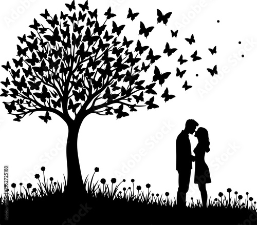 Romantic Couple Kissing Under Butterfly Tree Silhouette 
