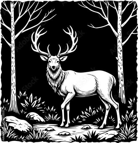 Deer Family and Stag in Forest Frame vector 