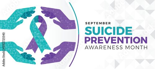 Suicide prevention awareness month - Teal and purple hand hold care ribbon awarenss sign with low poly texture style vector design