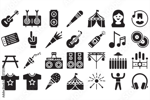 Music and festival vector icon collection with concert gear, lighting, people, and sound items