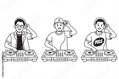 Trio of expressive DJs coordinating on turntables in modern line style