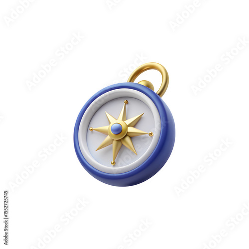 Modern 3d rendered compass with golden star and blue rim on black background