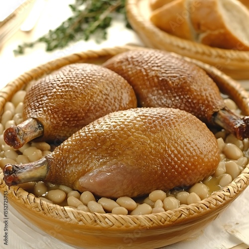 Delicious roasted duck legs served on bed of beans with fresh herbs garnish