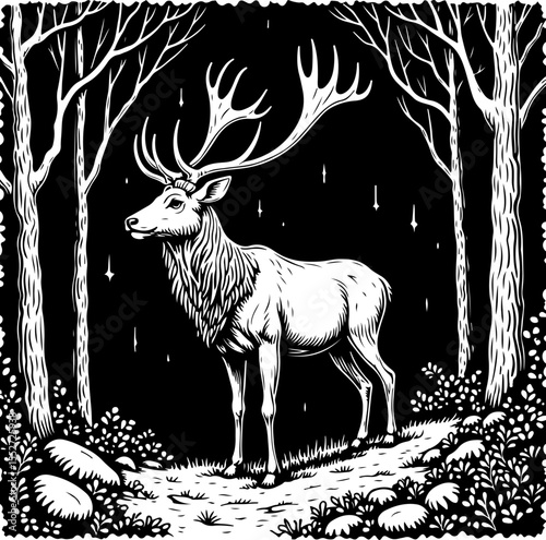 Deer Family and Stag in Forest Frame vector 