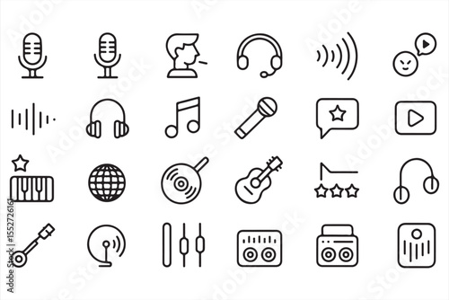 Outline vector music icons set with microphones, disco balls, mixers, and guitars