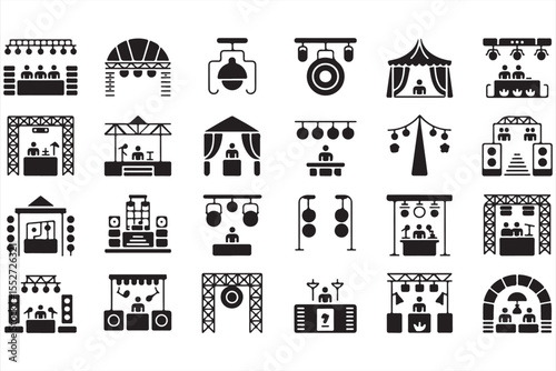 Festival and performance vector icons with DJ setups and celebration scenes