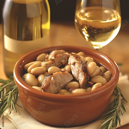 Delicious White Bean Stew with Grilled Pork and White Wine Pairing Close-Up View