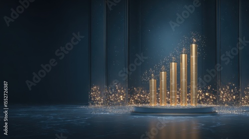 Set of five illuminated golden cylindrical columns on a circular pedestal, surrounded by sparkling particles, 