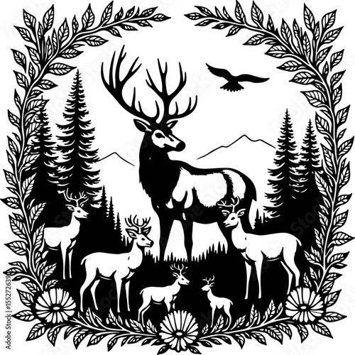 Deer Family and Stag in Forest Frame vector 
