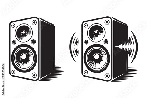 Bold vector icon of black box speakers with concentric woofer detailing