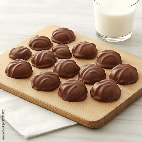 Delightful Chocolate Covered Marshmallows with Milk on a Wooden Serving Board