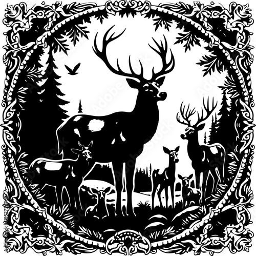 Deer Family and Stag in Forest Frame vector 
